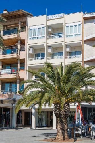 uma palmeira em frente a um edifício em Hostal Vista Alegre em Port d'Alcudia