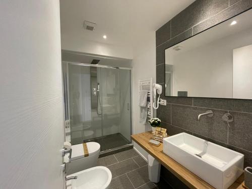 a bathroom with a sink and a toilet and a mirror at Nature Room in Olbia