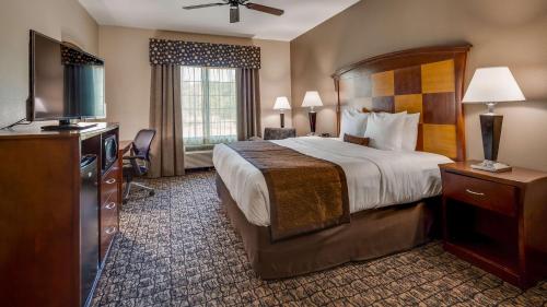 um quarto de hotel com uma cama e uma televisão de ecrã plano em Best Western Carthage Inn & Suites em Carthage