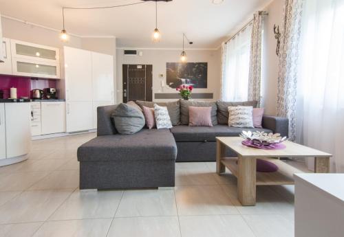 a living room with a couch and a table at Apartamenty Izerskie - ul. Cicha 13F-G in Świeradów-Zdrój