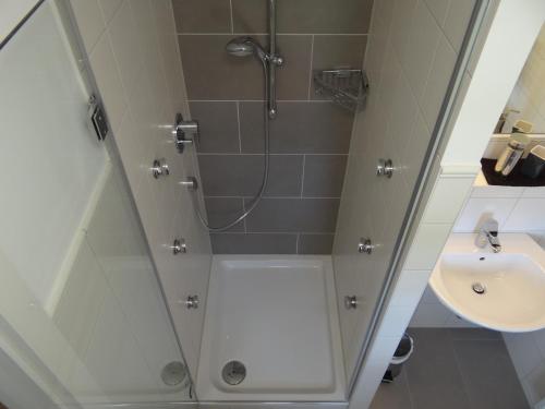 a bathroom with a shower and a sink at Landgasthaus zum Seysingshof in Bad Colberg