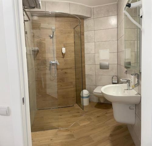 W łazience znajduje się prysznic i umywalka. w obiekcie Sunrise Aparts w mieście Polyana (Polana)