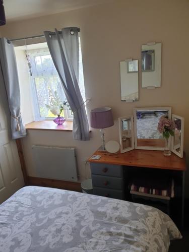 a bedroom with a bed and a desk with a window at Broadlea of Robgill Country Cottage Accommodation in Ecclefechan