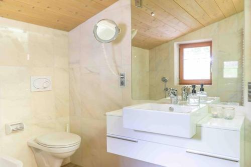 a bathroom with a toilet and a sink and a mirror at Haus Katschberg in Katschberghöhe