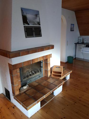 una sala de estar con chimenea en una casa en FeWo Untere Ringstrasse 3, en Schluchsee