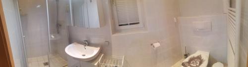 ein weißes Bad mit einem WC und einem Waschbecken in der Unterkunft Sonnenwiese in Unterlamm 58 in Unterlamm