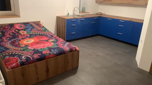 a bedroom with a bed with blue cabinets and a sink at Amazing apartment in Stari Trg pri Ložu