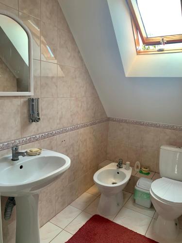 a bathroom with a sink and a toilet at Комфортабельный коттедж in Svityazʼ