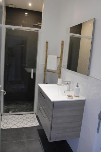 y baño con lavabo y ducha con espejo. en Petit maison du Vallon en Marcillac-Vallon