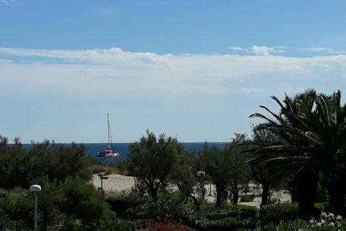 a boat in the water with trees in the foreground at Le Cocon de Flo, studio face à la mer au couchant in La Grande-Motte