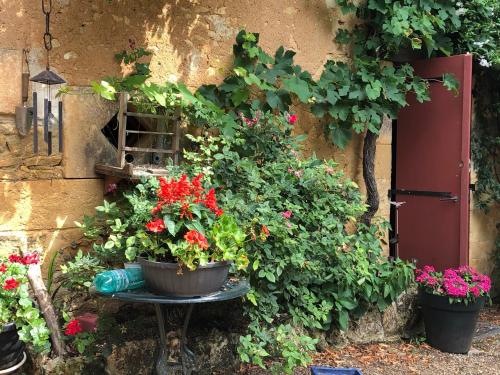 a bunch of flowers on a table next to a wall at Chambres d'hotes Les Coustilles in Saint-Alvère