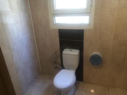 a small bathroom with a toilet and a window at AVRUPA APART HOSTEL in Seyhan