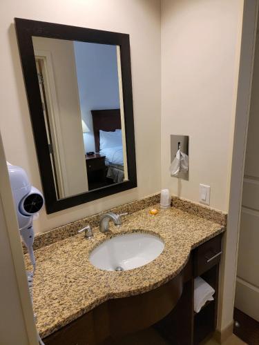 a bathroom with a sink and a large mirror at Penn Wells Lodge in Wellsboro
