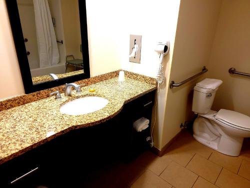 a bathroom with a sink and a toilet and a mirror at Penn Wells Lodge in Wellsboro
