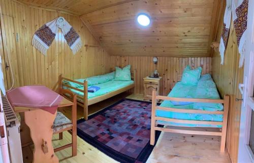 a room with two beds in a wooden cabin at Pensiunea Grapini in Şanţ