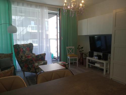 Televízia a/alebo spoločenská miestnosť v ubytovaní Przytulny apartament blisko Motławy i Neptuna z miejscem w garażu gratis