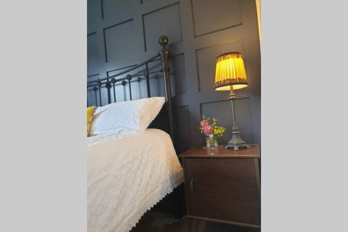 um quarto com uma cama com um candeeiro numa mesa de cabeceira em The Cube at No. 21. Modern & Stylish getaway. em Ilfracombe