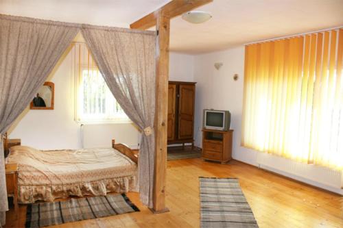 1 dormitorio con 1 cama y TV. en Casa Fortyogo, en Tîrgu Secuiesc