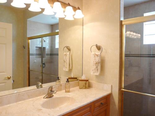 a bathroom with a sink and a shower and a mirror at Waterfront home with pool, spa and boating access in Marco Island