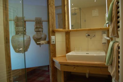 a bathroom with a sink and a glass shower at Hotel Schweizerhof in Oberau