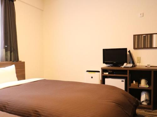 a bedroom with a bed and a desk with a television at Odawara Terminal Hotel in Odawara