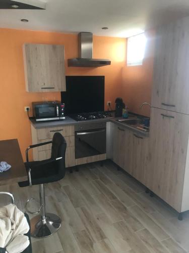 une cuisine avec une cuisinière et un comptoir dans l'établissement Résidence du bord de loire, à Decize