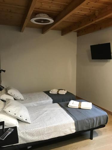 2 camas individuais num quarto com uma televisão em Parada de Txambonet 2 em Vilaller