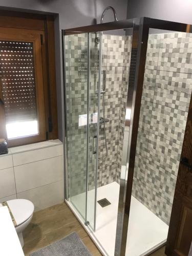 a glass shower in a bathroom with a toilet at Parada de Txambonet 2 in Vilaller