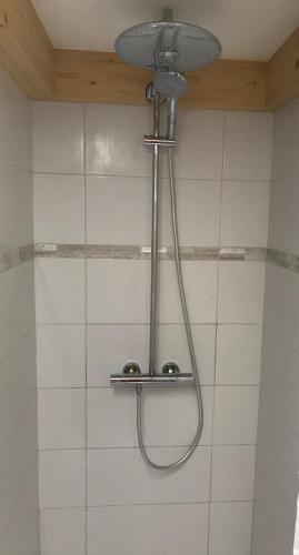 une douche avec pommeau de douche dans une salle de bain dans l'établissement Chalet Cristal Trail, à Chamonix-Mont-Blanc