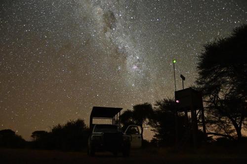 a truck parked in a field under a starry sky at Aloegrove Safari Lodge in Otjiwarongo