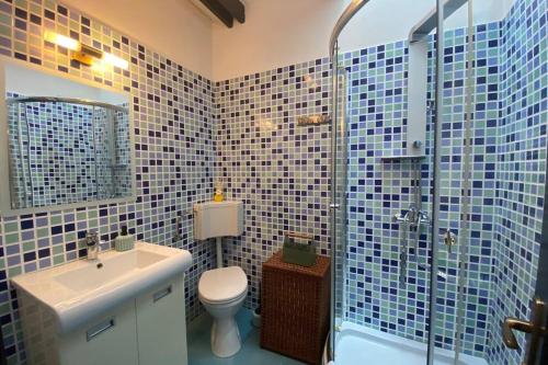 un bagno con wc, lavandino e doccia di Trout Cottage 2 a Predeluţ