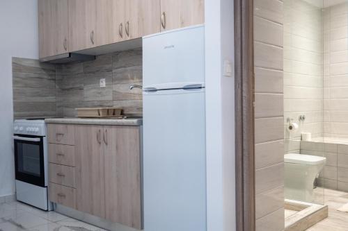 a kitchen with a white refrigerator and a sink at Koukounari Studios in Neos Marmaras