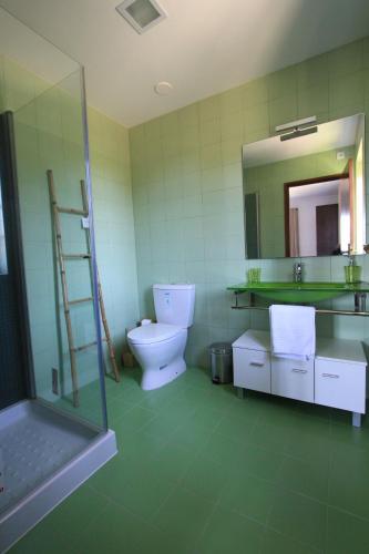 a bathroom with a toilet and a sink and a mirror at Quinta Miranda in Geraz do Lima