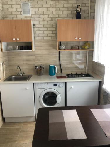a small kitchen with a sink and a washing machine at Kyiv Apartment in Pechersk on Oleksandra Kopylenko in Kyiv