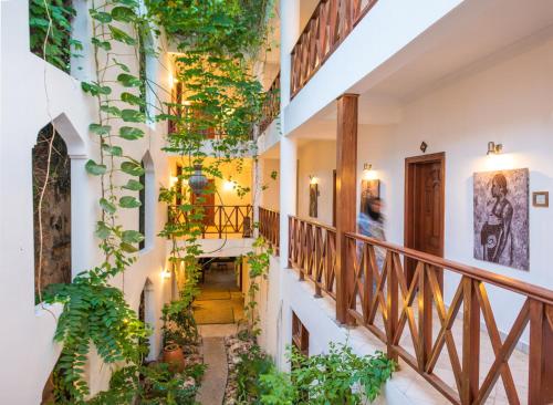 a staircase in a house with lots of plants at The Seyyida Hotel and Spa in Zanzibar City
