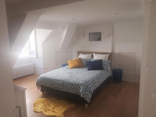a bedroom with a bed with blue and yellow pillows at Centre ville historique - calme - les mots bleus in Besançon