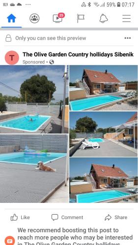 a collage of four pictures of a swimming pool at The Olive Garden in Šibenik