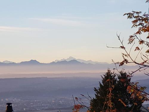 a person standing on top of a hill with mountains in the background at Mont Blanc Chalet in Grandevent