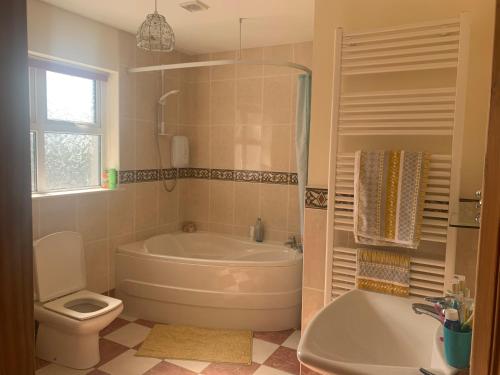 a bathroom with a tub and a toilet and a sink at Mussenden House in Articlave