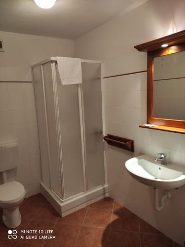 y baño con ducha, aseo y lavamanos. en Affittacamere “Del Ponte”, en Cartignano