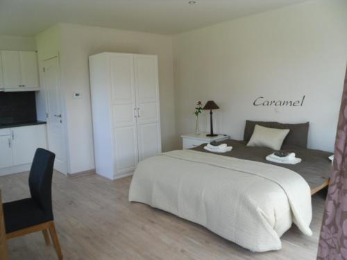 una camera da letto con un letto, una scrivania e una sedia di B&B Caramel a Turnhout