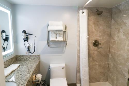 a white bathroom with a shower and a toilet at Envi Boutique Hotel Henderson-Evansville South in Henderson