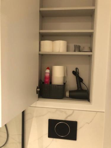 a cupboard with rolls of toilet paper in a bathroom at bloc79/zero in Knokke-Heist