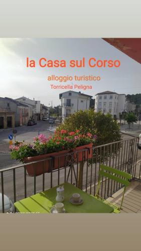 Torricella Peligna的住宿－la Casa sul Corso -- alloggio turistico -- appartamento open space，阳台上的桌子,花在锅里