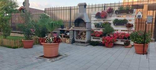 a garden with pots of flowers and a fireplace at Casa Bita in Sibiu