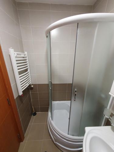 a shower with a glass door in a bathroom at Raven2 in Kolonija