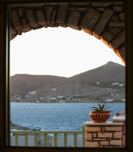 a view of the ocean from a window with a plant at Villa Isabella in Naousa
