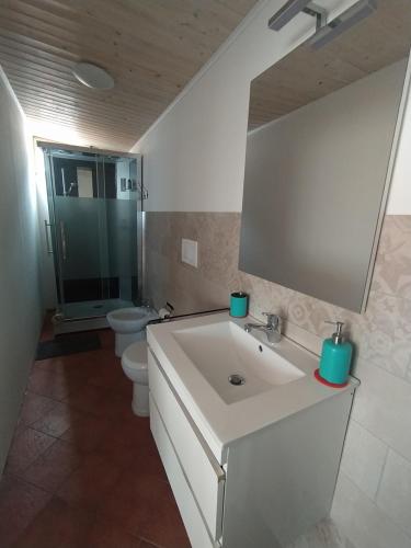 bagno con lavandino, servizi igienici e specchio di Appartamento con terrazzo sul mare Teocle a Giardini Naxos