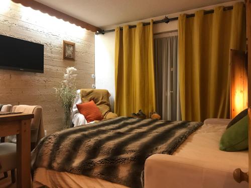 a bedroom with a bed and a television and a couch at Nid Douillet à la Louvée in Combloux