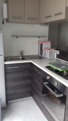 a kitchen with a sink and a stove top oven at Les Charmettes - SIBLU in Les Mathes